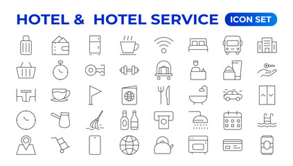 Hotel icons set. Rental property  icons. Set of apartment reservation, hotel booking, five-star hotel, service line vector web icon.Hotel universal set with Building, Parking,  Meal, Air conditioner.