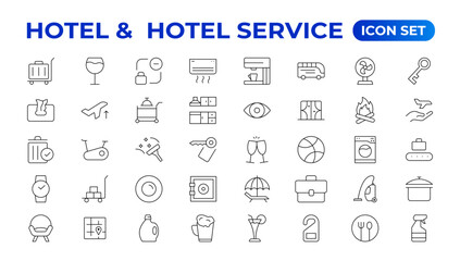 Hotel icons set. Rental property  icons. Set of apartment reservation, hotel booking, five-star hotel, service line vector web icon.Hotel universal set with Building, Parking,  Meal, Air conditioner.