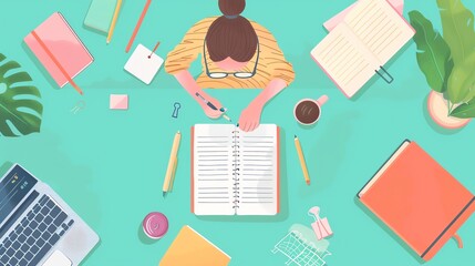 A young woman sits at her desk, writing in her journal