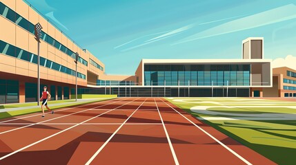 Obraz premium A runner is running on a track in a modern stadium. The runner is wearing a red shirt and white shorts. The stadium is made of concrete and has a blue running track.