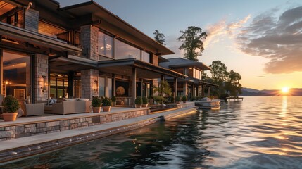 Obraz premium A lavish lakeside retreat, its contemporary design blending seamlessly with the natural beauty of the surrounding landscape as the last rays of sunlight dance across the water.