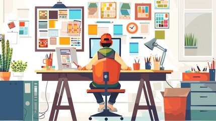 Creative designer at a studio desk flat design side view workspace theme cartoon drawing tetradic color scheme