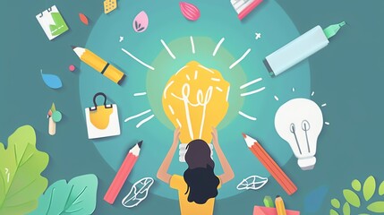 Creative designer brainstorming ideas flat design top view innovation theme cartoon drawing colored pastel