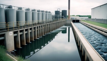 View of a modern industrial water treatment facility with rows of large tanks and clean water reflection under an overcast sky.. AI Generation