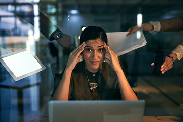Woman, stress and pressure for colleagues, business and laptop with headache and burnout....