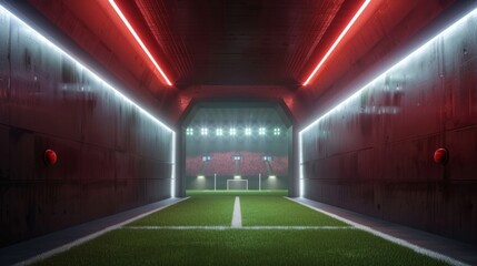 Stadium tunnel leading to soccer field. Players, athletes entrance to illuminated football stadium...