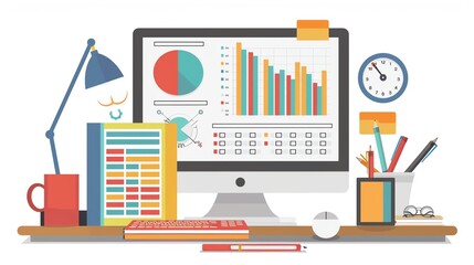 Data management with spreadsheets flat design front view organization theme cartoon drawing analogous color scheme