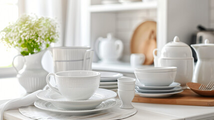 White counter with clean tableware in kitchen closeup