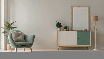 bohemian interior mockup of empty white wall with wooden cabinet, green armchair and floor lamp