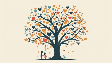 A tree with heart-shaped leaves. The leaves are in various colors. The tree is a symbol of love and growth.