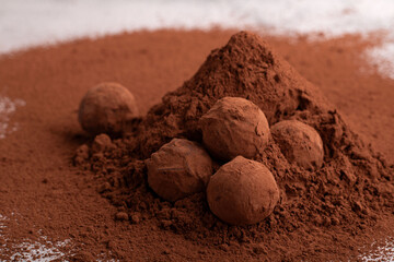 ball, food, eat, candy, chocolate, homemade, cocoa, calorie, close-up, fat, horizontal, collection, truffle, brown, dessert, sweet, dark, gourmet, snack, background, closeup, powder