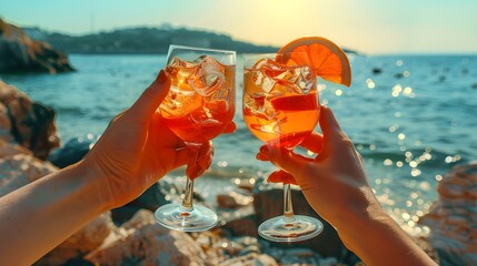 hands holding cocktail glasses against the sea 