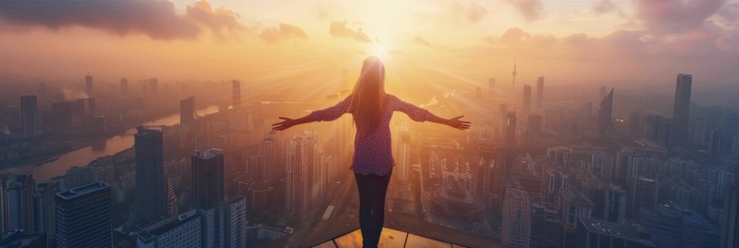 Woman reaching the top of an urban building at sunrise, overlooking the city, symbolizing achievement and personal goals, suitable for motivational and urban life themes.