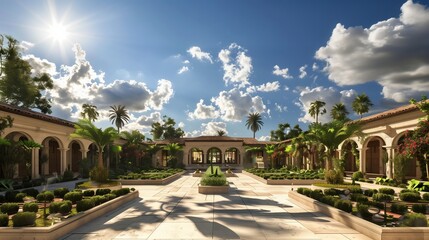A luxurious villa with a sprawling courtyard and manicured gardens, its exterior bathed in sunlight under a pristine blue sky dotted with fluffy white clouds.