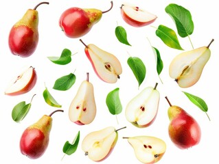 Obraz premium Summer Harvest: Vibrant Pears and Green Leaves on White Background