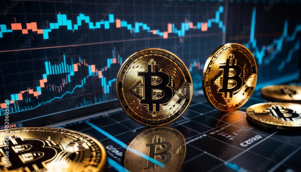Poster golden bitcoin coins stand on a reflective surface against a backdrop of glowing financial market ch