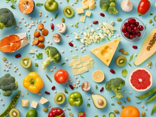 Fresh and Colorful Medley: A Food Collage featuring Beans, Vegetables, Fruit, and Cheese