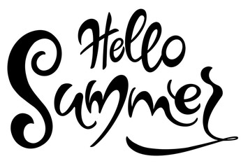 Handwritten, hello summer, lettering message. June welcome quote with color leaves . Modern lettering. Hello June design for cards, banners, posters.