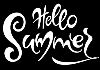 Handwritten, hello summer, lettering message. June welcome quote with color leaves . Modern lettering. Hello June design for cards, banners, posters.