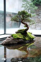 A minimalist Japanese garden with bonsai tree and a still calm pool, incorporating rocks, moss. 