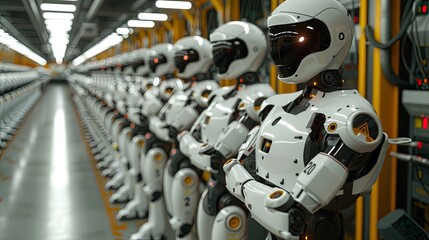 Fototapeta premium A factory consists of a row of robots, among which stands a humanoid robot
