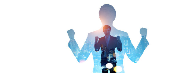 Happy businessmen with hands up silhouette, winner concept. Copy space