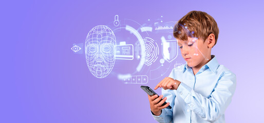 School kid working with smartphone, digital hologram with face id and privacy