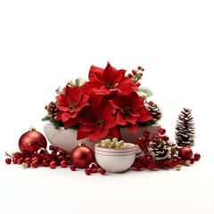 christmas decoration isolated on white, Captivating Festive Ambiance with Poinsettias, Christmas decoration Red poinsettia flowers tree branches ball and berries on white background