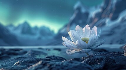 a single realistic white flower in the mountain with aurora borealis sky