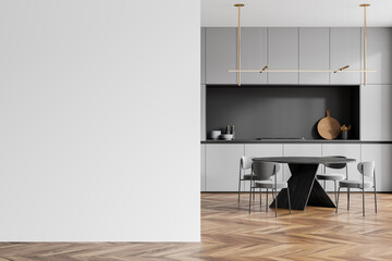 Grey home kitchen interior with eating and cooking area, mockup wall