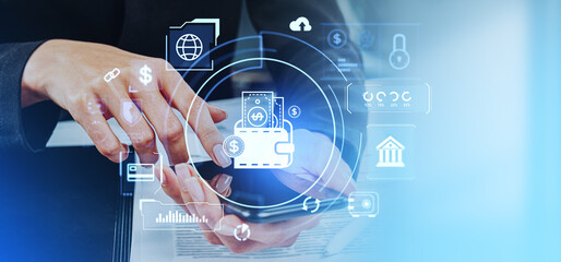 Woman finger touch smartphone with digital wallet and banking icons hologram