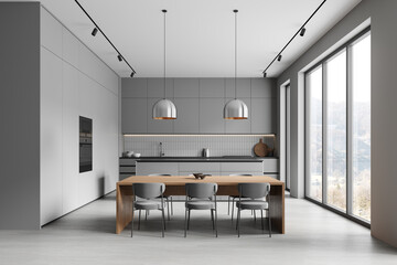 Grey home kitchen interior dining table and bar counter, panoramic window
