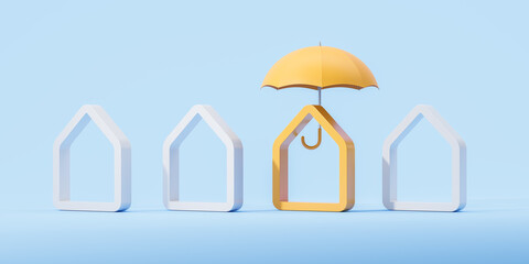 House-shaped outlines with an umbrella over one, on a blue background. Concept of home insurance and property protection. 3D Rendering