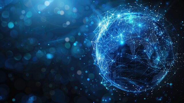Abstract blue futuristic globe digital economic or metaverse showcase the presence of glowing particles surrounding it