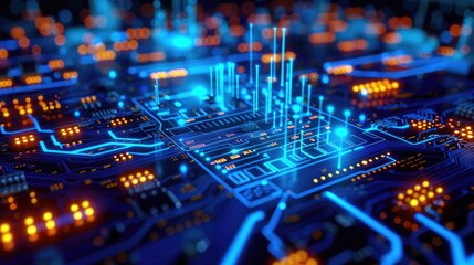 Obraz premium An illuminated blue circuit board featuring graphical data analytics in a close-up view