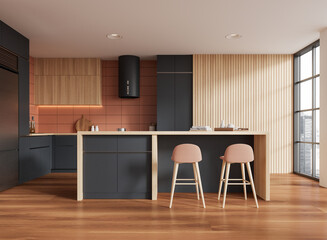 Wooden home kitchen interior with bar island and chairs, shelves and fridge