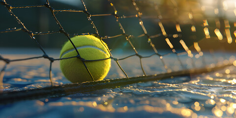 view of yellow tennis ball in net on hard tennis court.