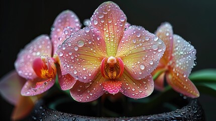 black background, a fresh orchid flowers surrounded by raindrops in a flowerpot, covered with a natural layer of microgloss , LightPink and Yellow skin color