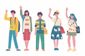 Group of different friends waving and smiling, friendship, Vector illustration.