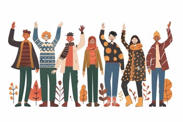 Fototapeta premium Group of different friends waving and smiling, friendship, Vector illustration.