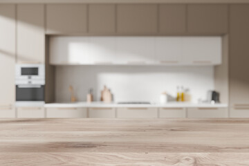 Wooden countertop on background of kitchen interior cooking space. Mockup