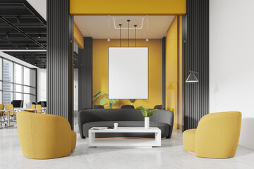 Colored office room interior with relax and coworking space. Mockup frame