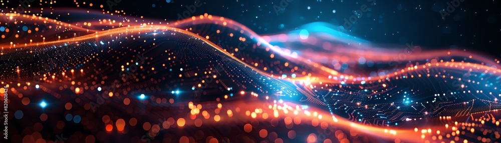Poster digital innovation roadmap, macro view, network lines and data points, dynamic lighting, tech path