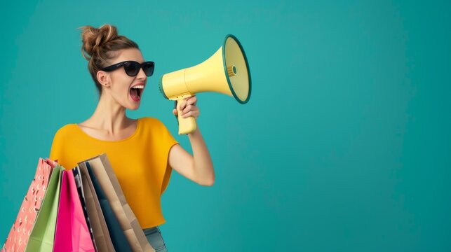 Excited woman holding shopping bags and a megaphone against a teal background, conveying joy and excitement over shopping. Keywords include woman, shopping, retail, promotion, portrayal, and consumer
