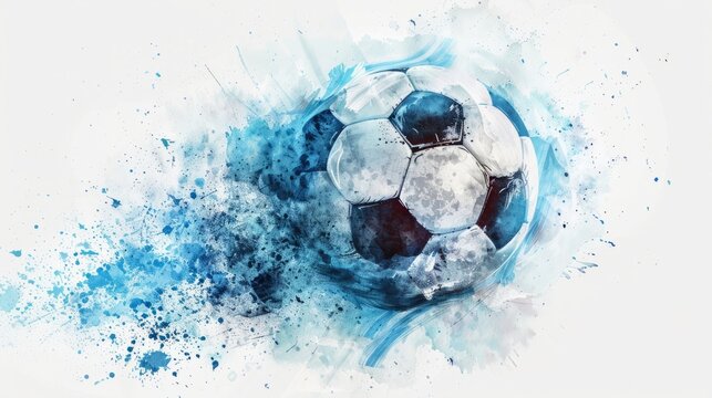 Abstract soccer ball watercolor art with blue sport print, creative wall decoration. Generative AI