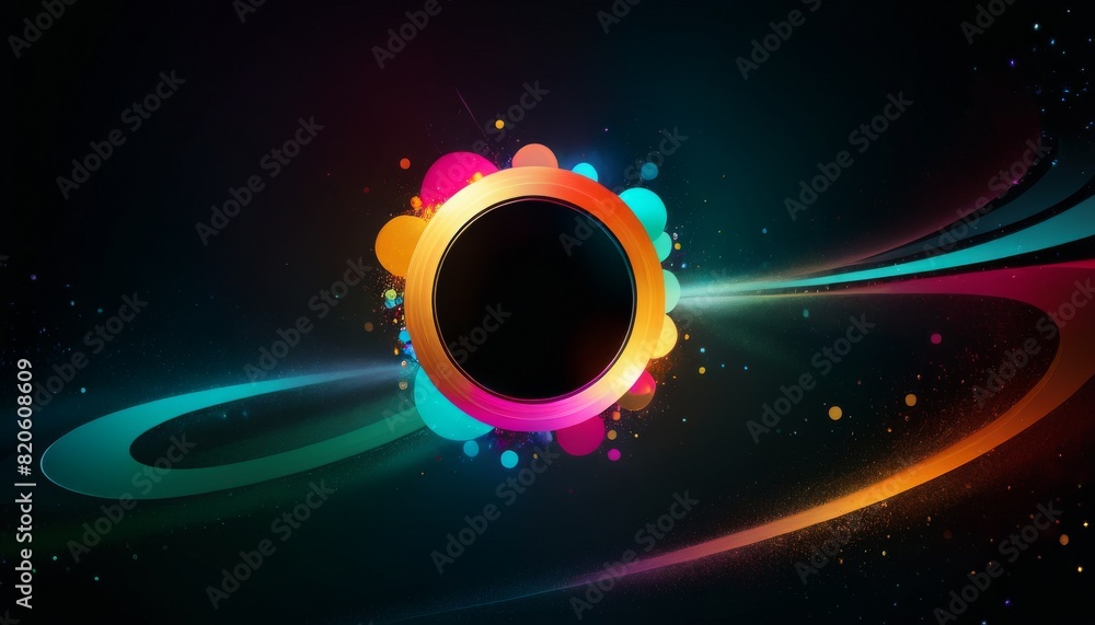 Poster vivid abstract illustration of a cosmic event, with colorful rings and particles radiating from a ce