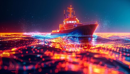 Fototapeta premium Holographic vessel, eyelevel, neon tech ocean map backdrop, sharp focus, modern maritime