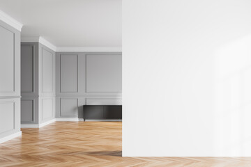 White home living room interior with drawer on hardwood floor. Mockup wall