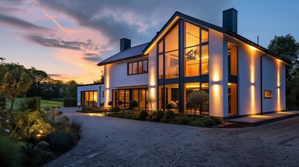 A modern farmhouse with large windows reflecting the twilight sky, its exterior lights casting a...