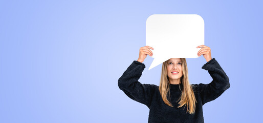 Woman with a blank mock up cloud above head, copy space background